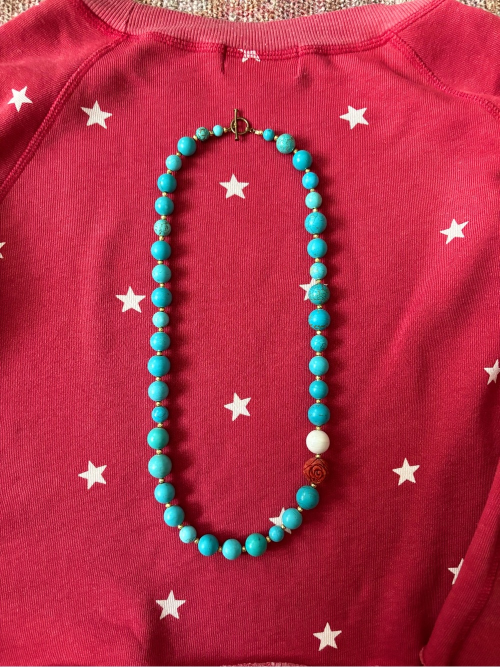 Turquoise Bead Necklace with White Accent and Brown Rose Bead
